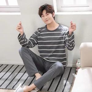 남성 잠옷 2 세트 긴팔 긴 바지 세트 학생 잠옷 Homewear 만화 o-넥 스트라이프 Nightwear Loungewear