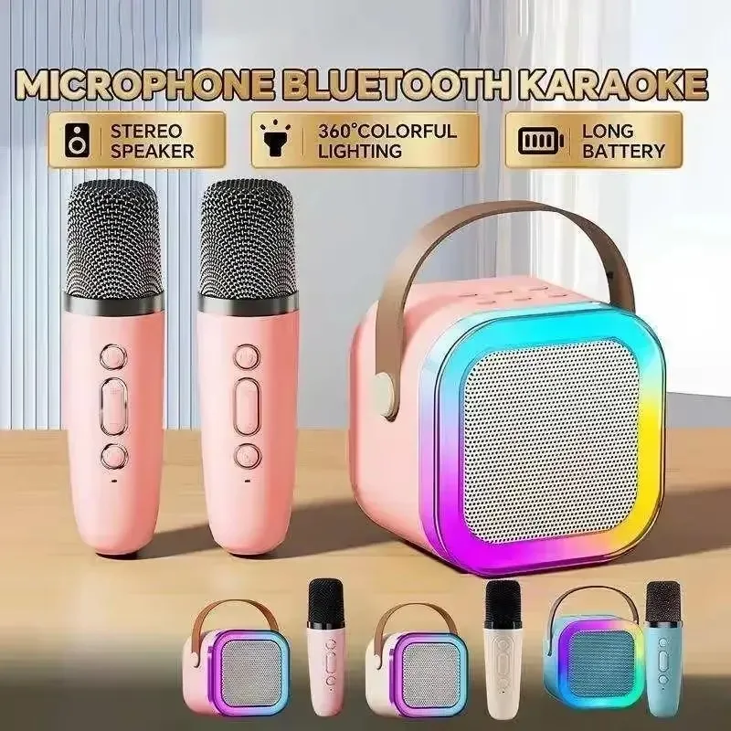 새로운 K12 가라오케 기계 휴대용 블루투스 스피커 1-2 무선 마이크 HiFi 가족 노래 스피커 어린이 선물