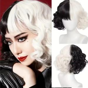 합성 가발 CRUELLA Deville De Vil 코스프레 컬리 하프 화이트 하프 블랙 내열성 합성 머리 가발 + 가발 모자