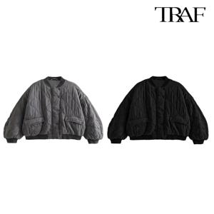 TRAF 여성 패션 라운드 칼라 싱글 브레스트 긴 소매 에비에이터 재킷 퓨어 컬러 퀼트 통근 재킷 매일 편안한 캐주얼 따뜻한 재킷 심플 다용도 트렌디 재킷