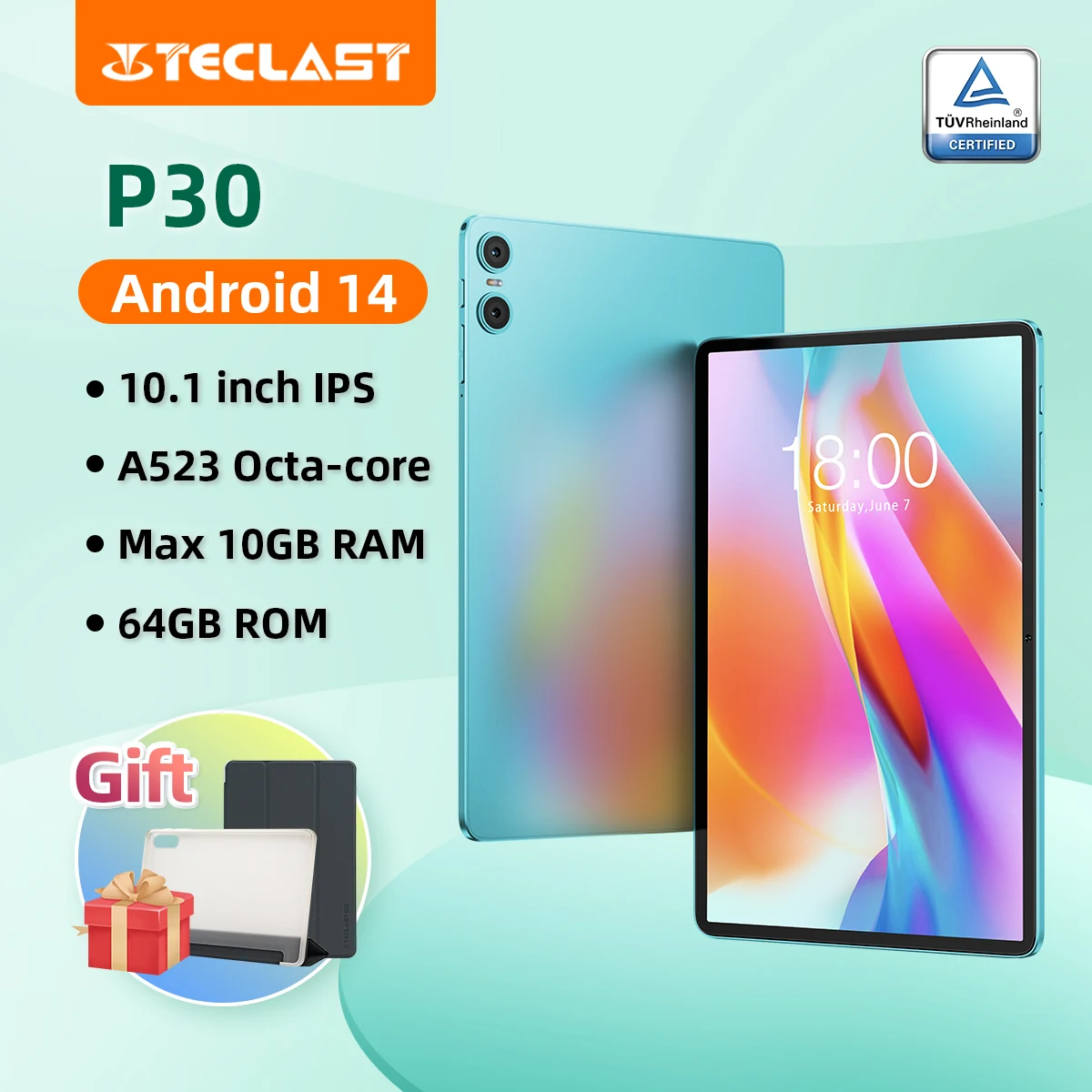 Teclast P30 안드로이드 14 태블릿 10.1 인치 IPS A523 옥타 코어 최대 10GB RAM 64GB ROM 태블릿 PC 3.5mm 잭 TÜV Rheinland 인증