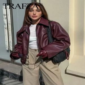 TRAFZA 와인 레드 인조 가죽 Jakcet 패션 겉옷 두꺼운 지퍼 옷깃 Pu 코트 가을 겨울 streetwear 숙녀 탑 여성