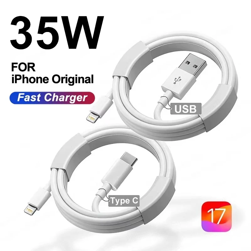 아이폰용 오리지널 고속 충전 USB 케이블, 35W PD, 14, 8, 7 플러스, 13, 12, 11 프로, XS 맥스, XR, X, USB C 급속 충전기 케이블, 1m, 1.5m, 2m, 3m