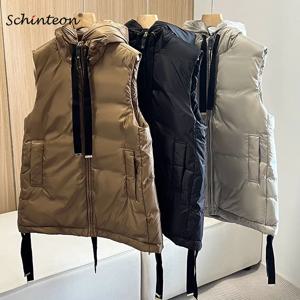 Schinteon 여성 90% 화이트 오리 다운 조끼 후드 캐주얼 민소매 자켓 단순 솔리드 컬러 패션 가을 겨울 탑 2025