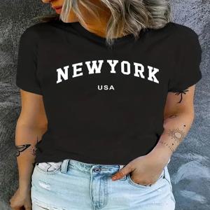 NEW YORK USA 레터 그래픽 다목적 티셔츠, 패션 루즈 캐주얼 스포츠 여름 크루넥 반팔 탑, 여성용 상의