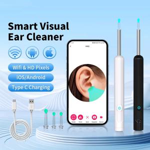 카메라 1296P 귀 스틱이있는 스마트 비주얼 귀 청소기 USB C 충전 귀 왁스 제거 도구 WIFI 연결 6 LED 조명 Earpick