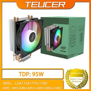 TEUCER CPU 쿨러 2 4 히트 파이프 PC 라디에이터 냉각 Intel 1700 1150 1155 1156 1366 AM2/AM3/AM4 AMD 용 3PIN PWM 자동 Rgb 팬