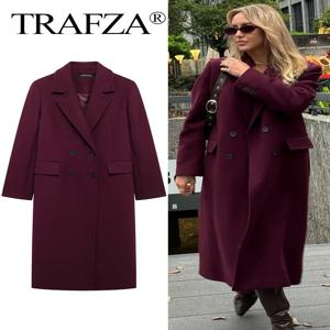 TRAFZA 여성 패션 부르고뉴 모직 코트 더블 브레스트 긴 소매 옷깃 블렌드 자켓 가을 겨울 하이 스트리트 겉옷