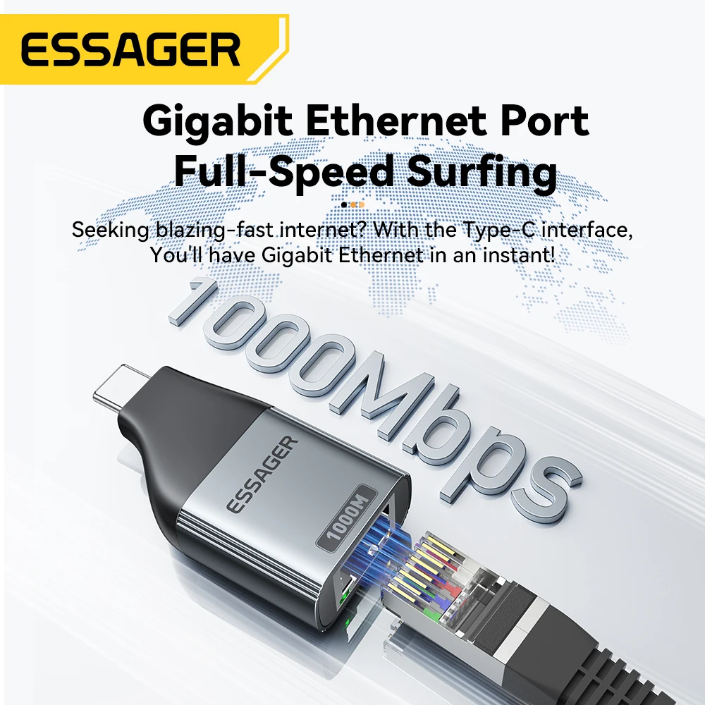 Essager Type-C-이더넷 어댑터 MacBook 노트북 유선 네트워크 카드 용 Type-c 어댑터에 100/1000Mbps 기가비트 고속 RJ45