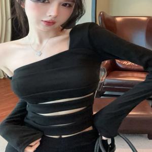 섹시한 레이어드 셔츠 여성용 겨울 시즌 단색 섹시한 빈티지 스타일 드레스업 슬림 핏 블랙 긴 소매 어깨 노출 슬리브리스 레이어드 셔츠