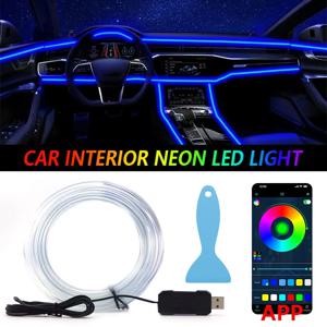자동차 RGB 주변 LED 라이트 스트립 1/2/3/4/5M APP 제어 USB 광섬유 분위기 램프 네온 인테리어 콘솔 장식 조명