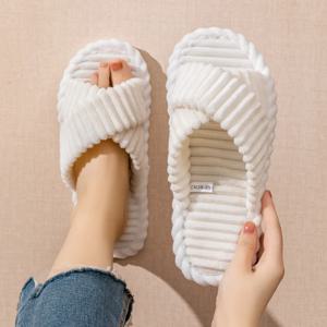 패션 코듀로이 크로스 밴드 오픈 발가락 홈 슬리퍼 여성 가을 ​​겨울 따뜻한 플러시 슬라이드 숙녀 침실 부드러운 단독 슬리퍼