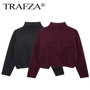 TRAFZA 여성 빈티지 부르고뉴 터틀넥 스웨터 캐주얼 긴 소매 니트 풀오버 가을 겨울 여성 솔리드 따뜻한 니트웨어