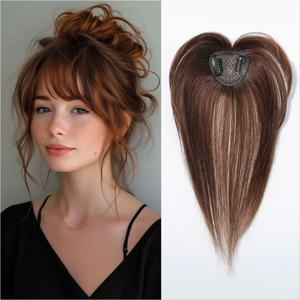 10in 인간의 머리카락 토퍼 허니 브라운 3D Wispy Bangs 여성용 풀 커버리지 탈모 자연 찾고 토퍼 헤어 피스 리얼 헤어