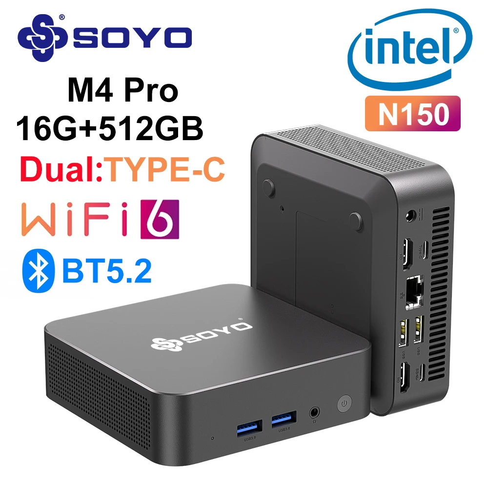 SOYO 미니 PC 컴퓨터 PC, 인텔 트윈 레이크 N150, 미니 PC, Win11 프로, DDR4, 16GB RAM, 512GB ROM, WiFi6, BT5.2 데스크탑, M4 PRO
