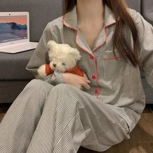 여성용 긴팔 루즈한 통기성 학생 잠옷 라운지웨어, 회색 줄무늬 가디건, 소녀 패션 잠옷, 홈웨어, 2PCs/세트