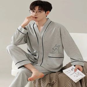 남성용 잠옷, 용수철 및 가을 긴팔, 젊은 남성, 심플 캐주얼 라펠, 가을 및 겨울 홈웨어 세트