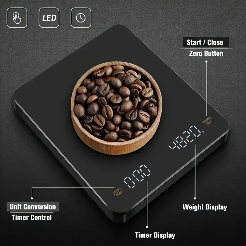 타이머가 있는 디지털 충전식 커피 체중계, LED 스크린, 에스프레소 USB, 최대 3kg 무게, 0.1g 고정밀 측정, 주방 체중계