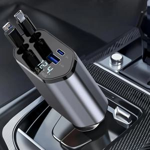 개폐식 차량용 충전기, 4 in 1 고속 충전, 120W, 개폐식 케이블 및 2 USB 포트, 차량용 충전기 어댑터 호환