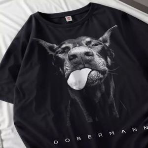 Doberman 티셔츠 여성 개 프린트 코튼 탑 여름 o 넥 오버 사이즈 티셔츠 캐주얼 반소매 티셔츠 스트리트 여성 의류