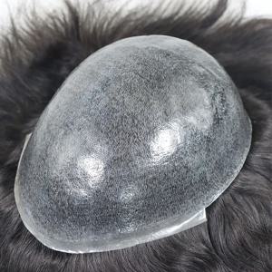 0.08-0.10MM 남성용 V 루프 인모 남성용 가발용 풀 스킨 PU 가발 # 1B 남성 모세관 보형물 모발 장치 교체