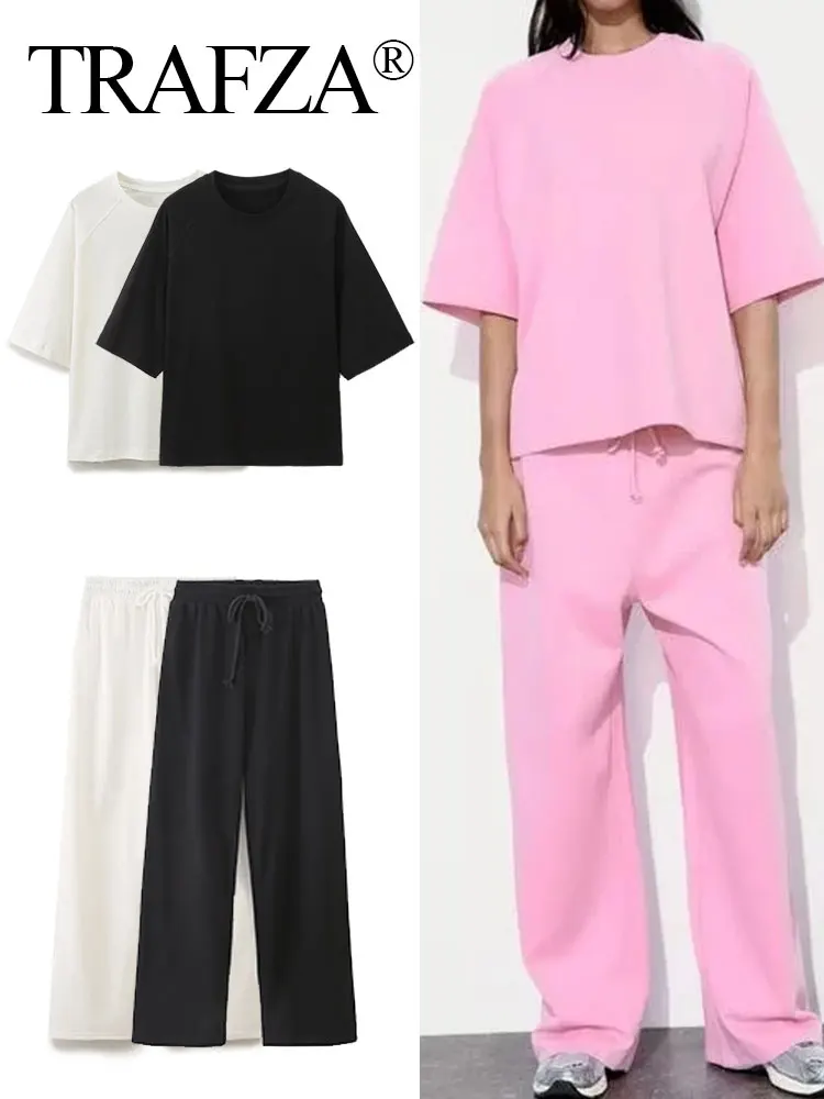 TRAFZA 여름 여성 캐주얼 T 셔츠 바지 세트 우아한 핑크 O 넥 반팔 티셔츠 + Drawstring 느슨한 바지 봄 정장