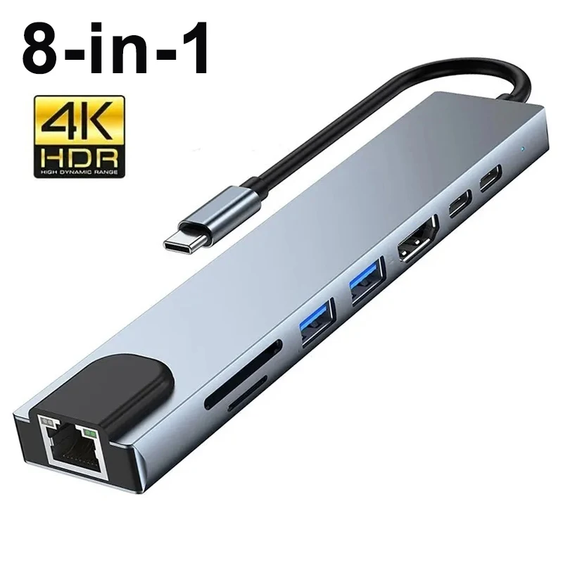 8 in1 USB C 허브 3.0 유형 C 분배기 4K 도킹 스테이션 노트북 어댑터 PD SD TF Macbook Air M1 iPad Pro RJ45 HDMI 호환