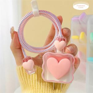 아이폰용 러브 하트 충전기 케이블 보호대 케이스, 충전 헤드 보호 커버, 와인더 액세서리, 4 in 1, 15, 14, 11, 16, 18w, 20w