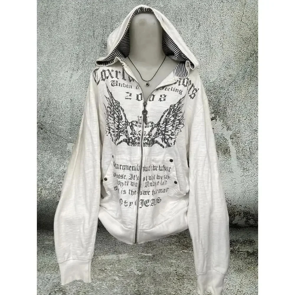 Y2k Emo 여성 빈티지 streetwear 편지 인쇄 까마귀 펑크 지퍼 업 후드 그래픽 오버 사이즈 스웨트 고스 하라주쿠 Alt Clothes
