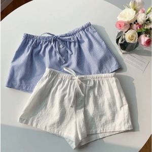여름 줄무늬 인쇄 새로운 반바지 패션 여성 단추 Drawstring 높은 허리 포켓 짧은 대형 스웨트 팬츠 비치 여성 의류