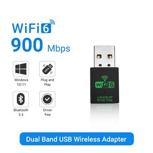 WALRAM 900Mbp USB WiFi6 Bluetooth 어댑터 2in1 동글 듀얼 밴드 2.4G/5GHz 듀얼 밴드 드라이브 PC 용 무료 안정적인 신호 어댑터
