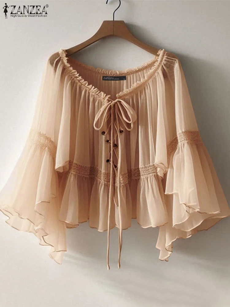 ZANZEA 여성 빈티지 시폰 블라우스 캐주얼 루즈 3/4 플레어 슬리브 쇼트 탑 2025 Summer Seethrough v 넥 Pleating Blusas Femme