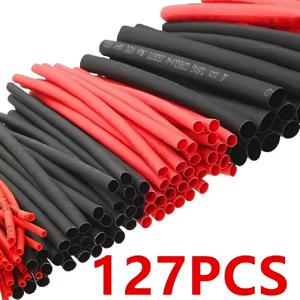 127PCS 검정색 빨간색 열 수축 튜브 2:1 구색 폴리올레핀 튜브 자동차 케이블 슬리브 랩 와이어 키트