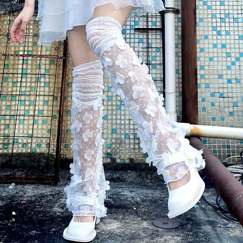 2025 여름 esubculture Y2K 일본 여성 다리 커버 흰색 레이스 꽃 메쉬 투명 무릎 높이 Salf 양말 플레어 다리 커버