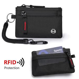 RFID 여행 지갑 남성용 동전 지갑 나일론 지퍼 짧은 지갑 도난 방지 카드 스 와이프 가방 키 체인이있는 트렌드 청소년 카드 홀더
