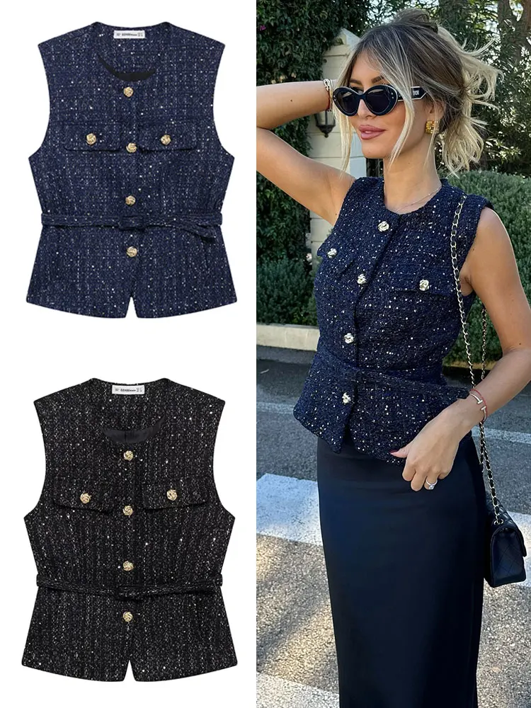 TRAFZA 여성 패션 트위드 벨트 양복 조끼 O 넥 싱글 브레스트 민소매 조끼 봄 여름 Office Lady Outerwear Chic Tops