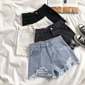 Y2K 빈티지 술 데님 반바지 패션 여성 하이 웨스트 찢어진 주머니 한국 청바지 캐주얼 streetwear 블루 솔리드 핫 바지