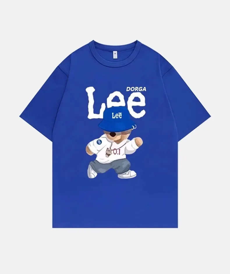 국제 브랜드 LEE 협력 프린트 반팔 티셔츠 면 100% 라운드 넥 루즈 패션 심플 남성 티셔츠