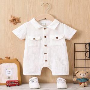 여름 캐주얼 컴포트 소프트 솔리드 컬러 간단한 코튼 반팔 Romper 아기 소녀 포켓 패션 Baby Boy Romper