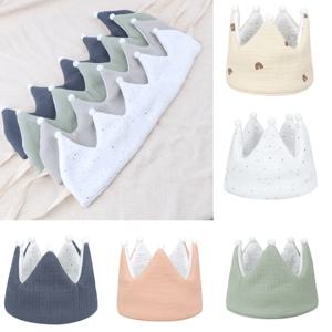 순수 코튼 베이비 생일 크라운 모자 신생아 사진 소품 모자 파티 보닛을위한 부드러운 조절 가능한 빈 탑 머리띠