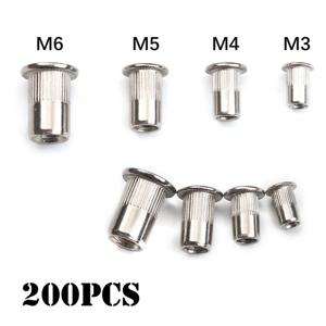 200/50pcs 리벳 너트 스테인레스 스틸/탄소강 플랫 헤드 리벳 너트 세트 M3 M4 M5 M6 스레드 인서트 리브 너트 캡 리벳 너트