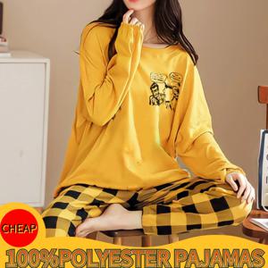 봄 가을 빅 사이즈 5XL 여성 폴리 에스터 잠옷 격자 무늬 잠옷 긴팔 Homewear 세트 여성 단순 루즈 캐주얼 Pijamas