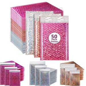 50 Pcs 홀로그램 포장 용품 로즈 레드 버블 메일러 레이저 배송 가방 포장 가방 배달 패키지 봉투 메일 링