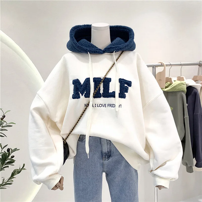 패션 패치 워크 특대 스웨터 여성 겨울 캐주얼 느슨한 면화 두꺼운 편지 긴 소매 후드 여성 streetwear