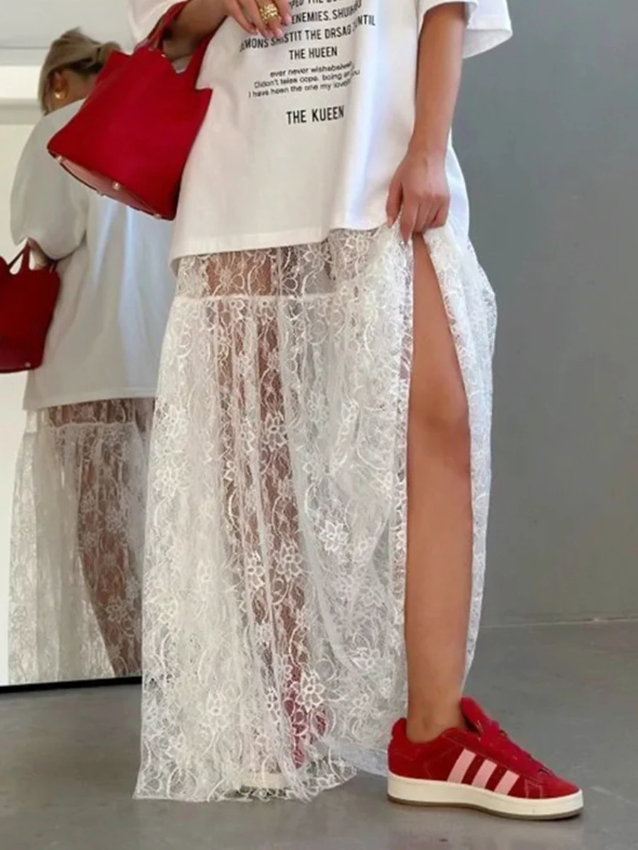 레이스 자카드 Transperant 스커트 여성 여름 새로운 높은 허리 섹시한 캐주얼 롱 스커트 2025 streetwear 패션 화이트 맥시 스커트