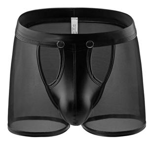 남자 복서 반바지 투명 메쉬 속옷 남자 팬티 가짜 가죽 분리형 버클 파우치 속옷 Cueca Calzoncillo