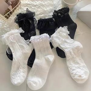 6 쌍 여성 양말 솔리드 블랙 화이트 로리타 레이스 프릴 양말 여름 얇은 일본식 카와이 스위트 걸스 짧은 양말