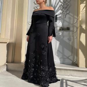 맞춤형 현대적인 스타일 저지 플리츠 아플리케 A 라인 보트 넥 롱 드레스 칵테일 사이즈 사용 가능