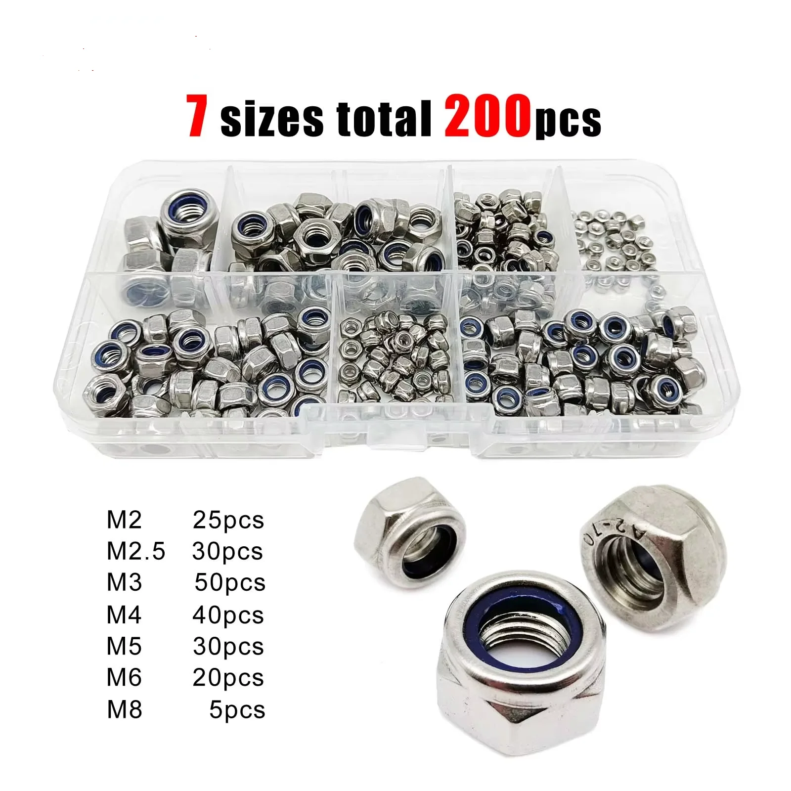 200pcs DIN985 육각 나일론 인서트 자동 잠금 너트 Nylock 잠금 너트 구색 키트 세트 M2 M2.5 M3 M4 M5 M6 M8 304 A2-70 스테인레스 스틸