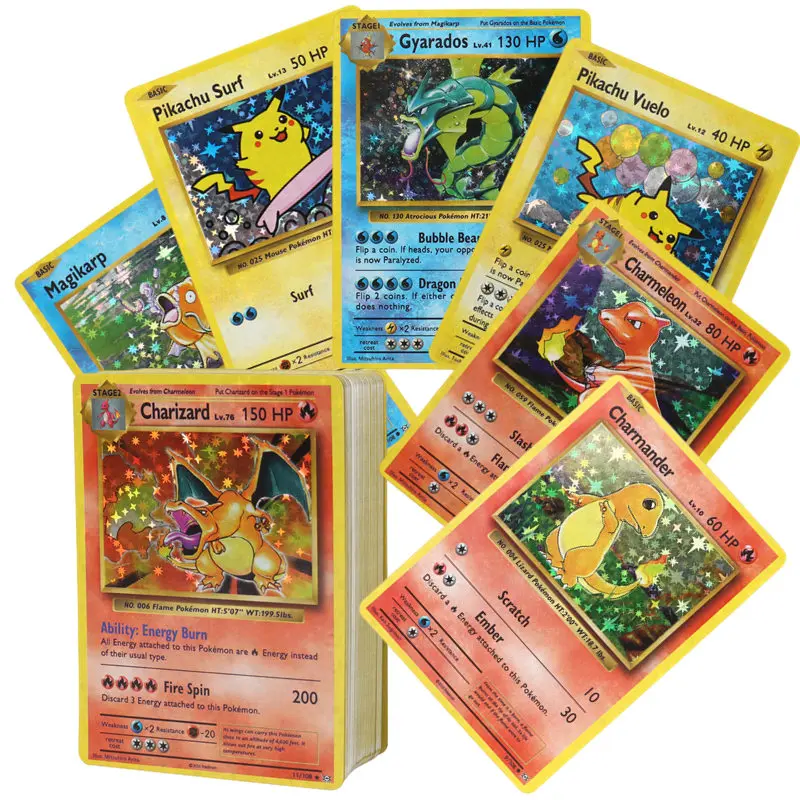 60/100Pcs 영어 포켓몬 카드 1996 년 빛나는 Charizard 피카추 Mewtwo 무역 카드 키즈 포켓몬 장난감